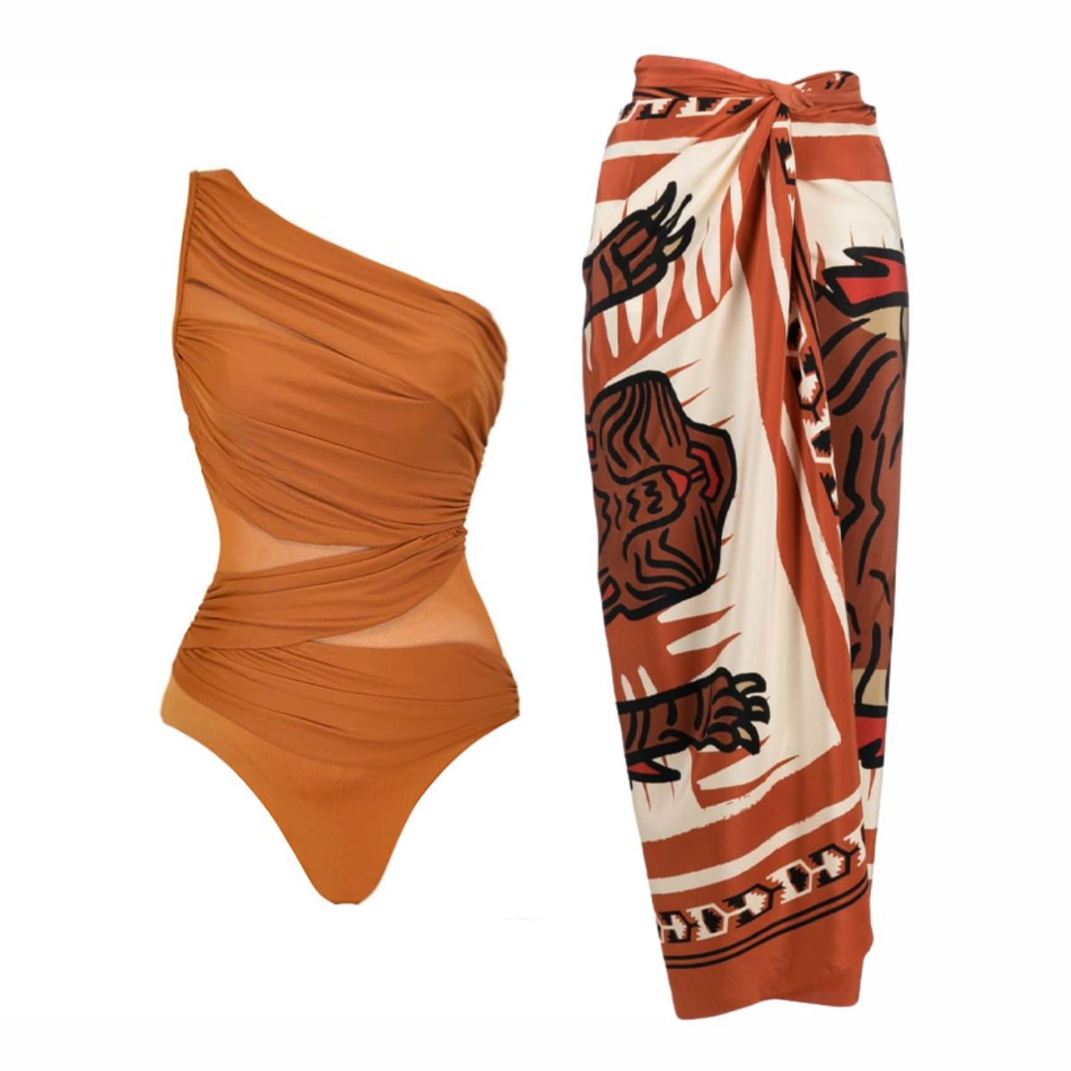 Traje de Baño de Un Hombro Arrugado en Color Óxido con Sarong Transparente