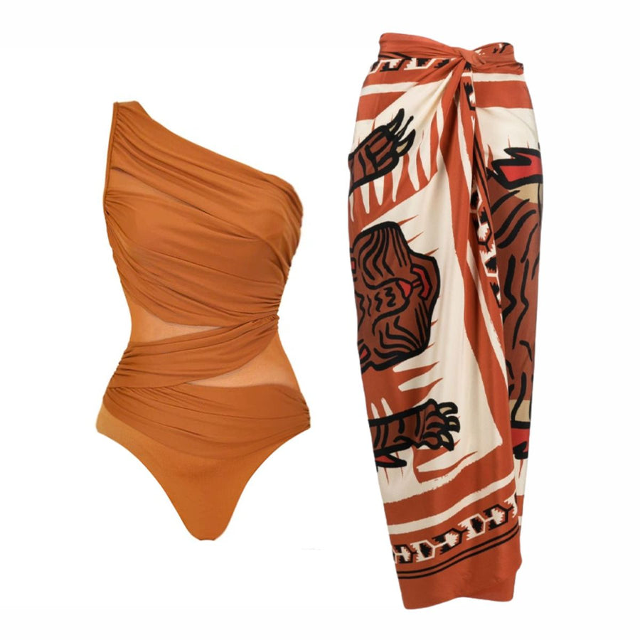 Traje de Baño de Un Hombro Arrugado en Color Óxido con Sarong Transparente