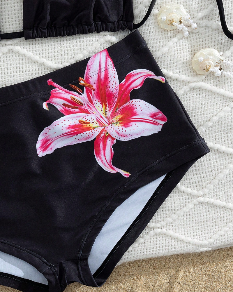 Conjunto de Bikini de Dos Piezas con Tiras Halter y Cintura Alta Estampada