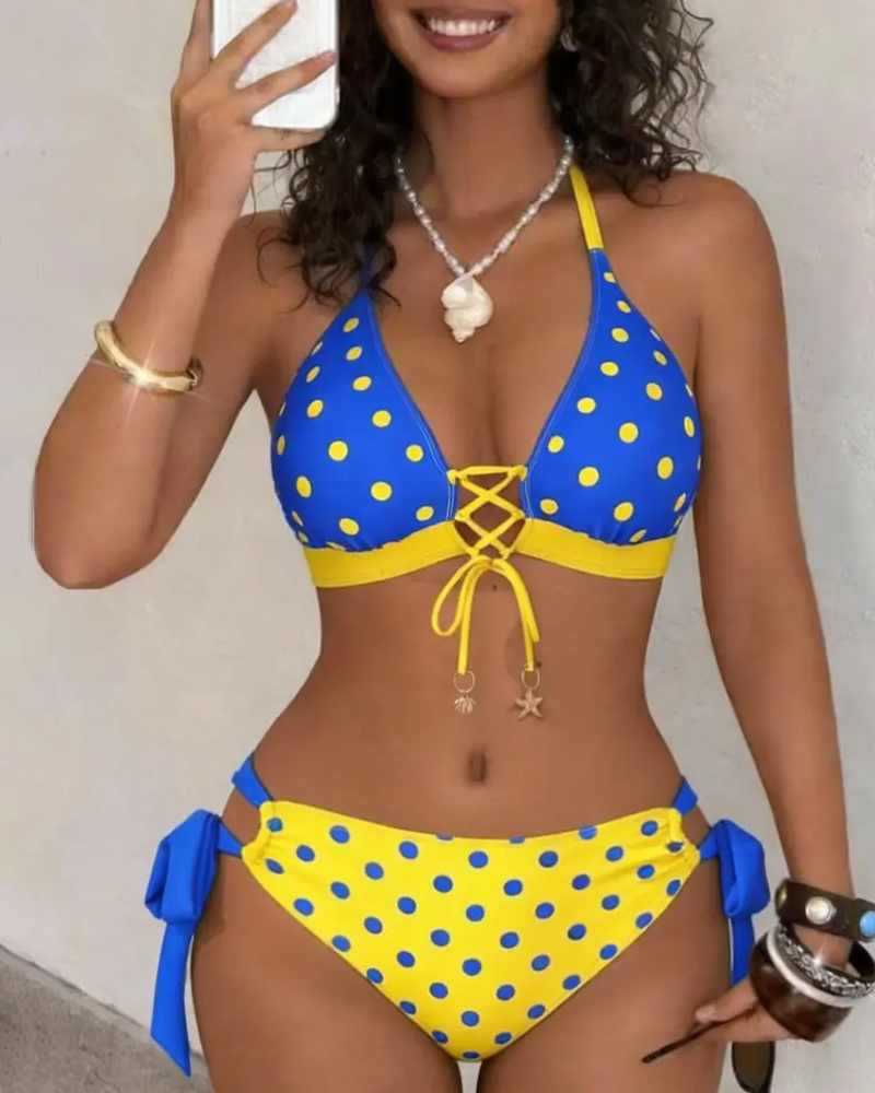 Conjunto de Bikini de Dos Piezas con Estampado de Lunares y Corte Alto para Mujeres