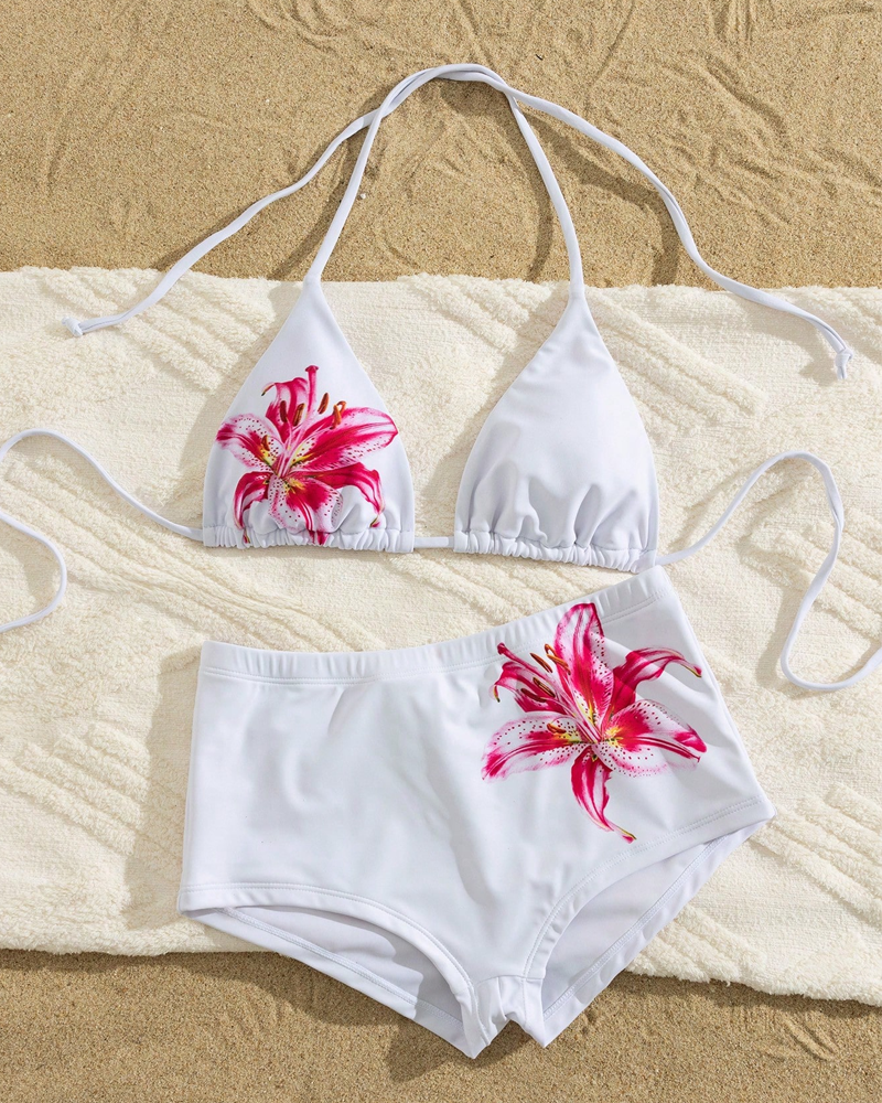 Conjunto de Bikini de Dos Piezas con Tiras Halter y Cintura Alta Estampada