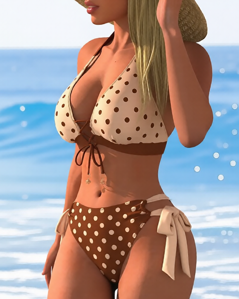 Conjunto de Bikini de Dos Piezas con Estampado de Lunares y Corte Alto para Mujeres