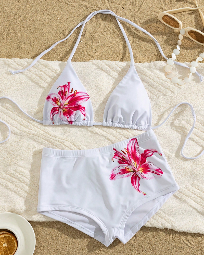 Conjunto de Bikini de Dos Piezas con Tiras Halter y Cintura Alta Estampada