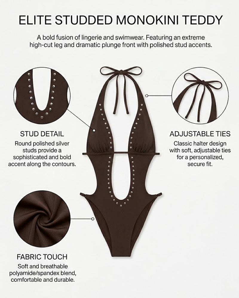 Traje de Baño de Una Pieza con Escote en V y Detalles de Tachuelas