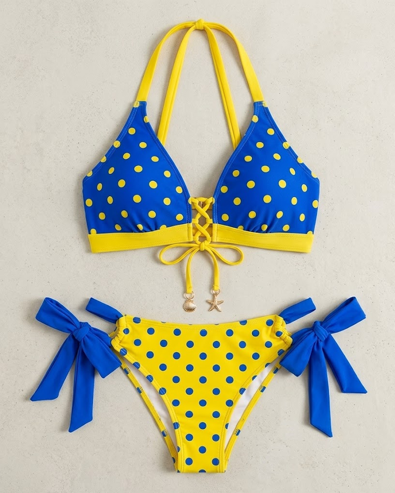 Conjunto de Bikini de Dos Piezas con Estampado de Lunares y Corte Alto para Mujeres