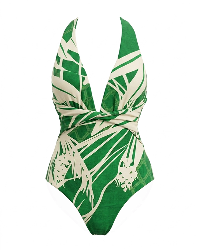 Conjunto de Baño Elegante en Verde con Estampado Botánico