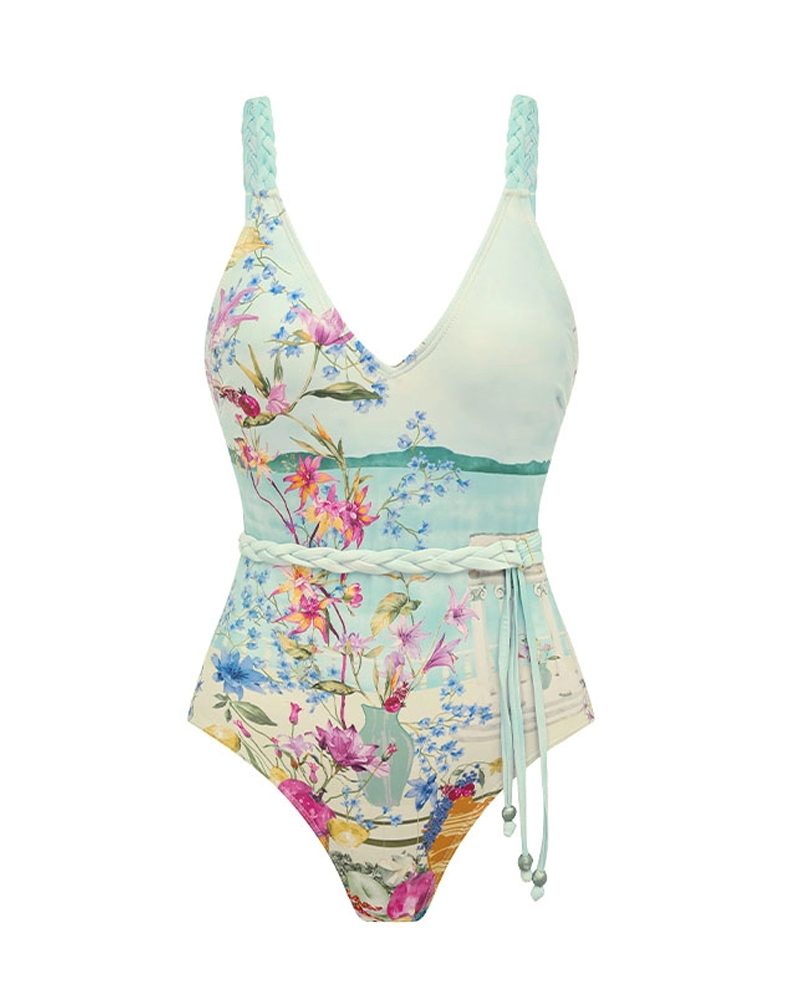 Elegante Conjunto de Traje de Baño con Escote en V y Estampado
