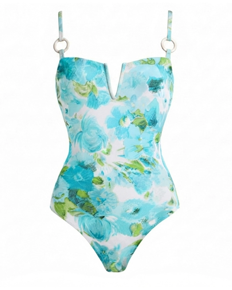 Conjunto de Bañador Abstracto en Tonos Azules con Diseño Floral