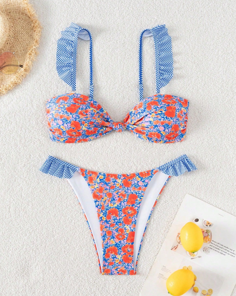 Conjunto de Bikini de Dos Piezas con Estampado Floral Retro