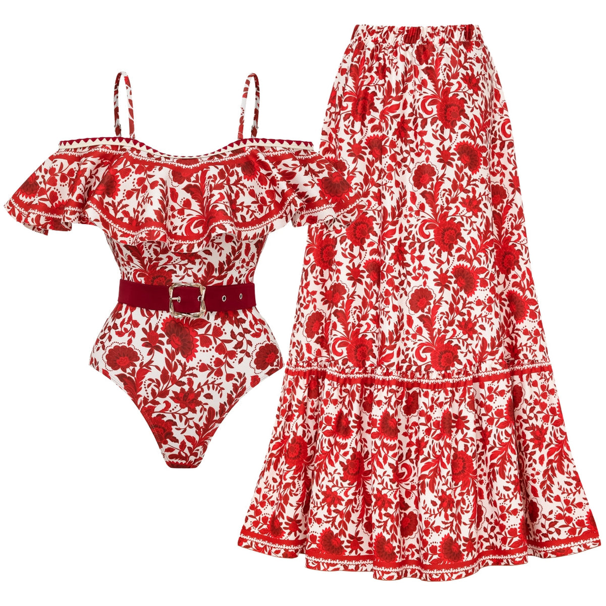 Traje de baño de una pieza con falda y estampado floral en rojo con volantes