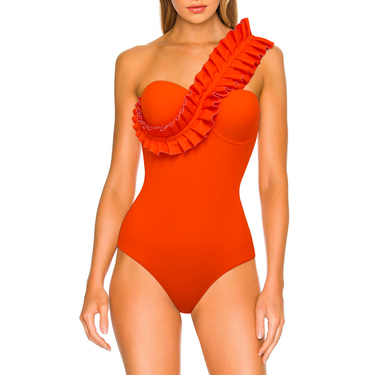 Mono de baño asimétrico con volantes y sarong naranja
