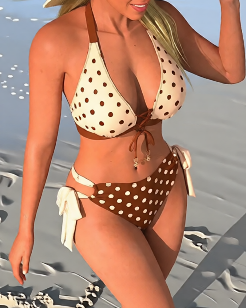 Conjunto de Bikini de Dos Piezas con Estampado de Lunares y Corte Alto para Mujeres
