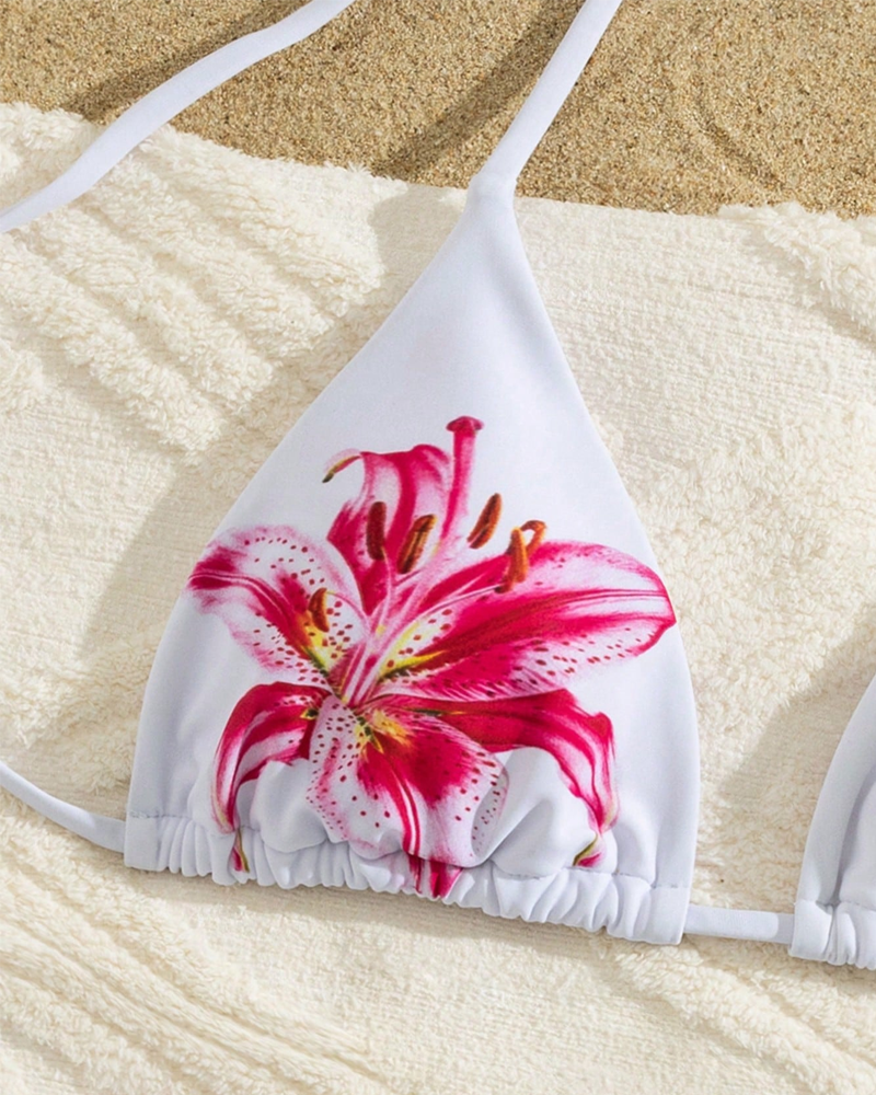 Conjunto de Bikini de Dos Piezas con Tiras Halter y Cintura Alta Estampada