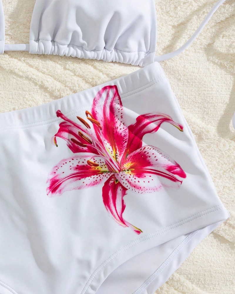Conjunto de Bikini de Dos Piezas con Tiras Halter y Cintura Alta Estampada