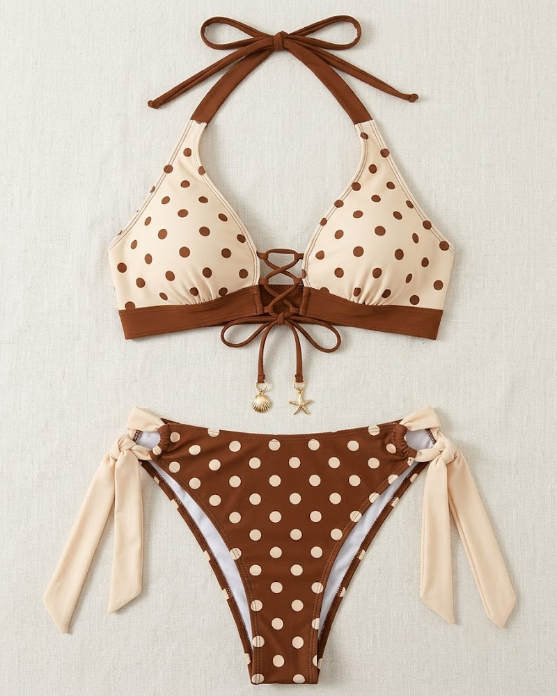 Conjunto de Bikini de Dos Piezas con Estampado de Lunares y Corte Alto para Mujeres