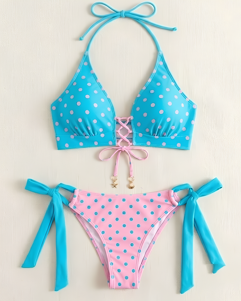 Conjunto de Bikini de Dos Piezas con Estampado de Lunares y Corte Alto para Mujeres