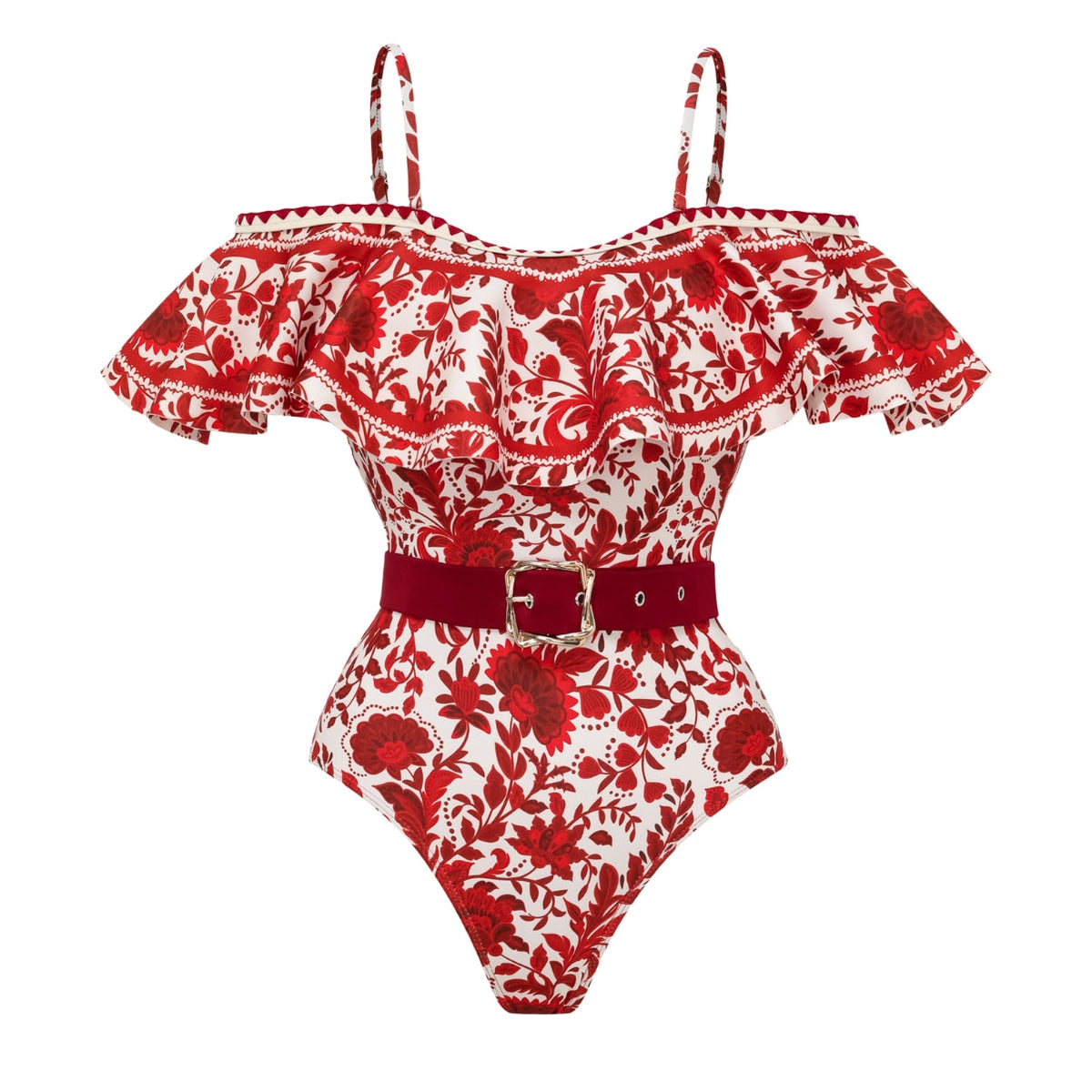 Traje de baño de una pieza con falda y estampado floral en rojo con volantes