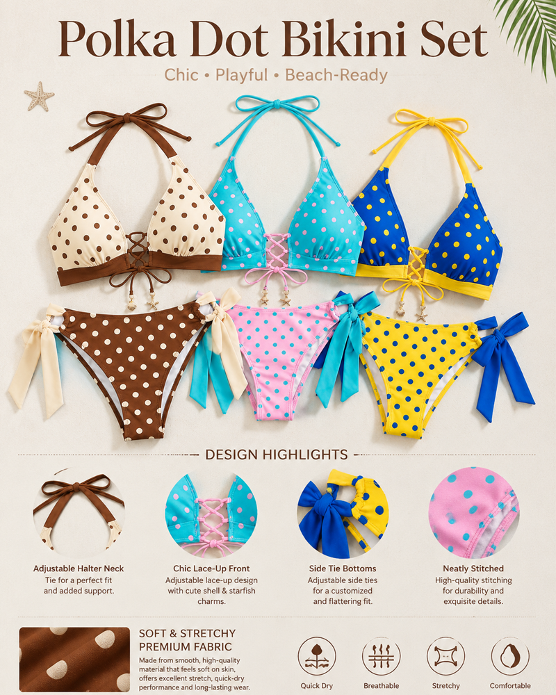 Conjunto de Bikini de Dos Piezas con Estampado de Lunares y Corte Alto para Mujeres