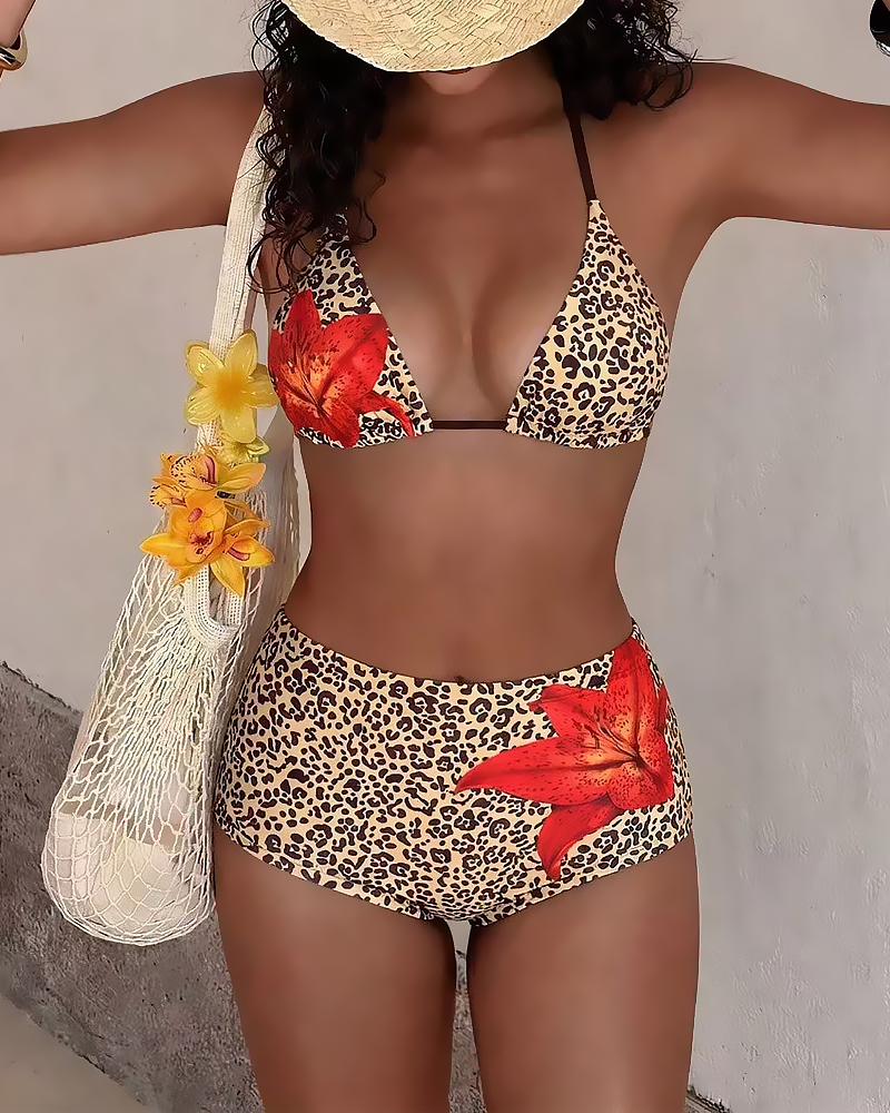 Conjunto de Bikini de Dos Piezas con Tiras Halter y Cintura Alta Estampada