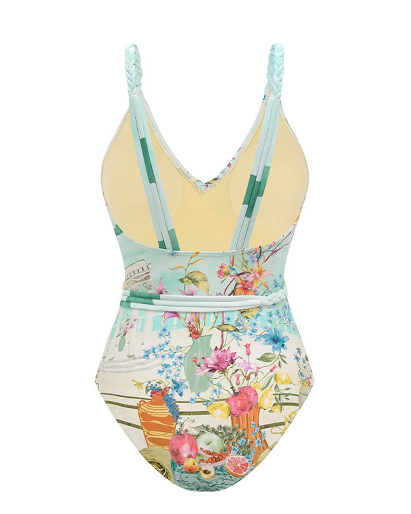 Elegante Conjunto de Traje de Baño con Escote en V y Estampado