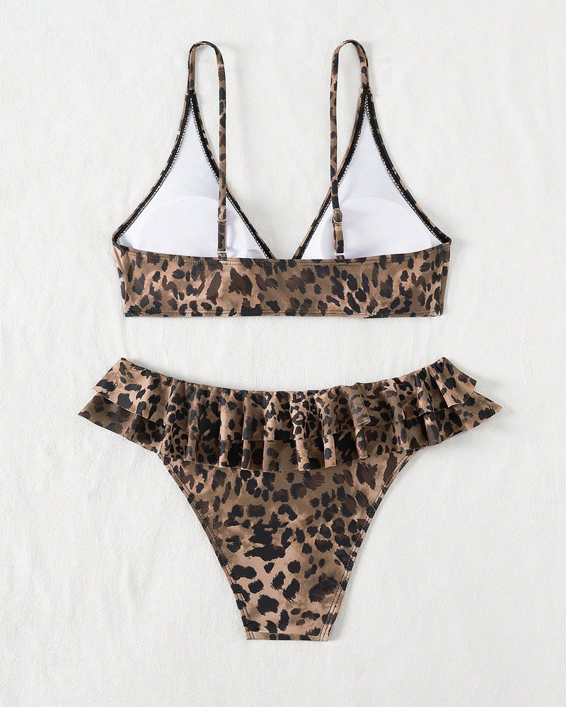 Bikini de Cintura Alta con Estampado de Leopardo y Detalle de Anillo Metálico