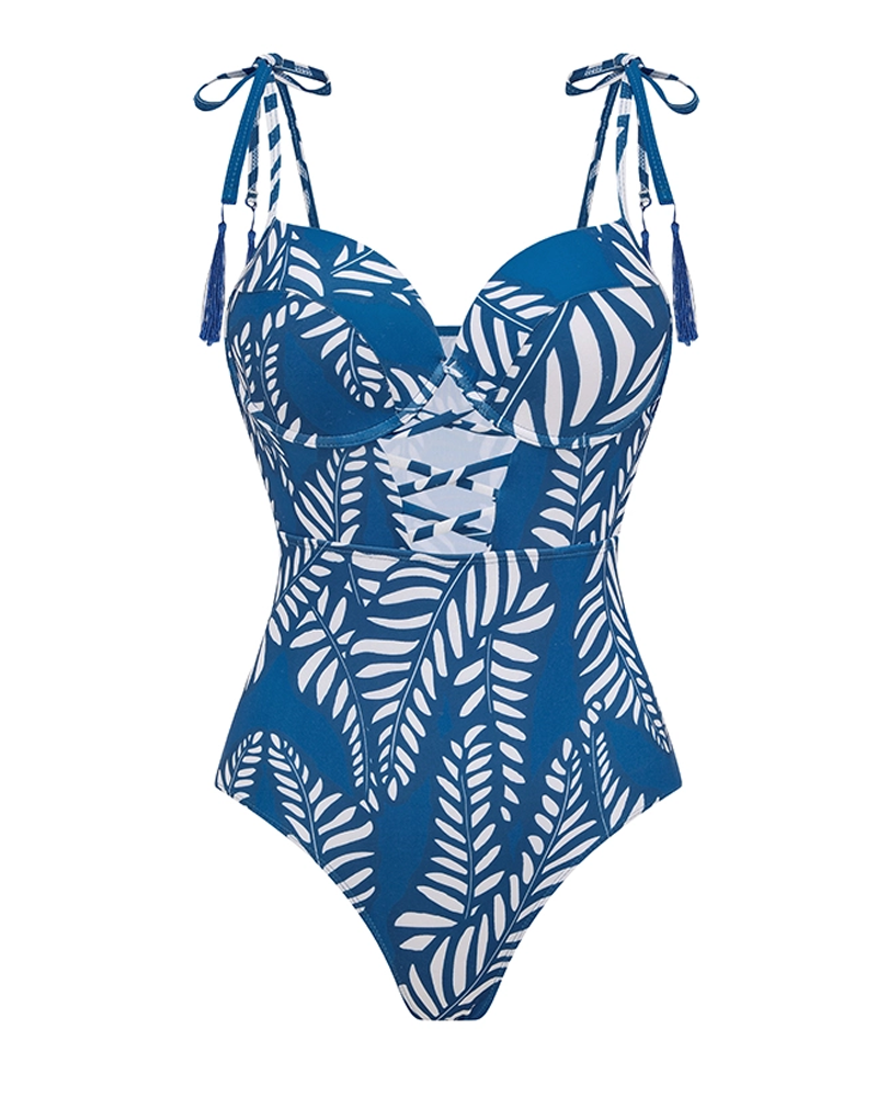 Conjunto de Baño con Estampado de Hojas y Borlas Azules