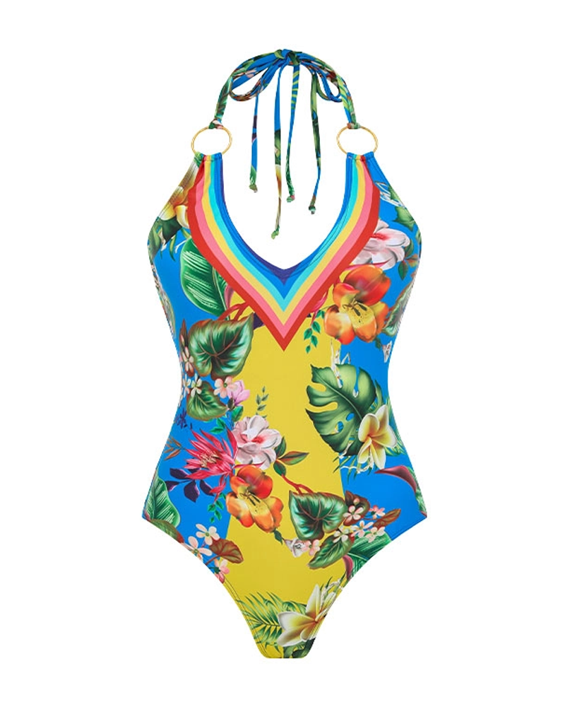 Conjunto de Baño con Estampado de Bloques de Color y Escote en V