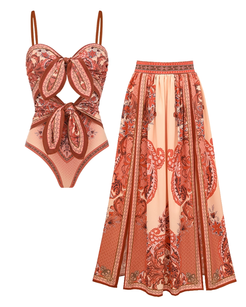 Conjunto de baño con diseño paisley y detalle de lazo