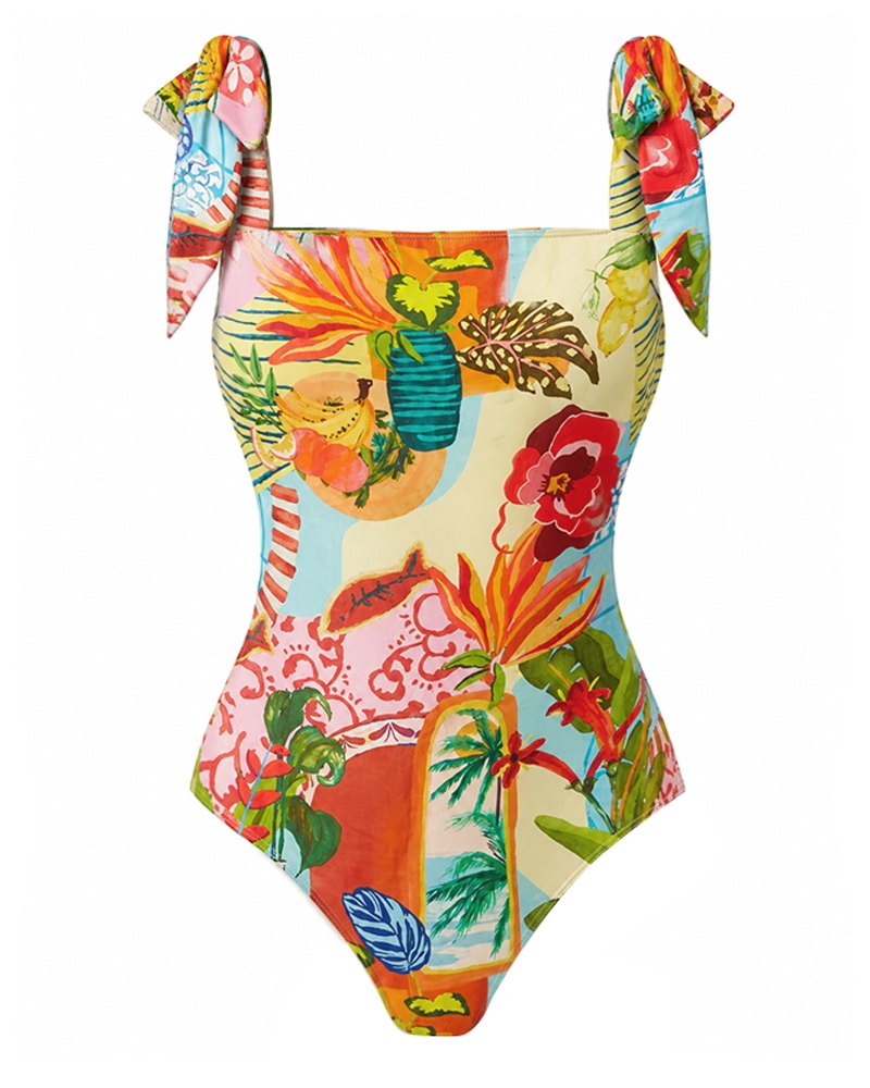 Conjunto de Ba swimsuit con Tirantes Ajustables y Diseño Tropical