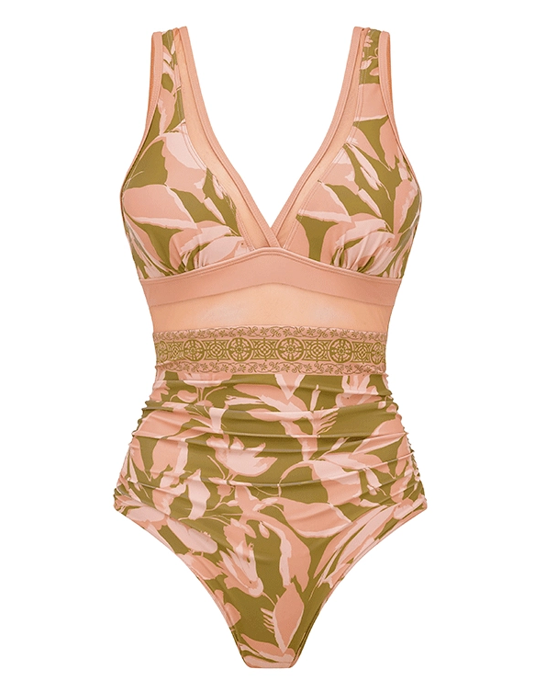 Conjunto de Baño con Estampado de Malla y Escote en V