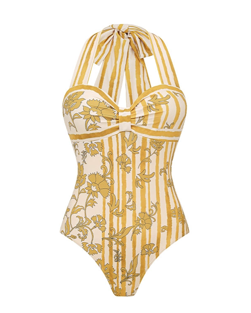Conjunto de Baño Estampado en Amarillo Limón con Diseño Halter