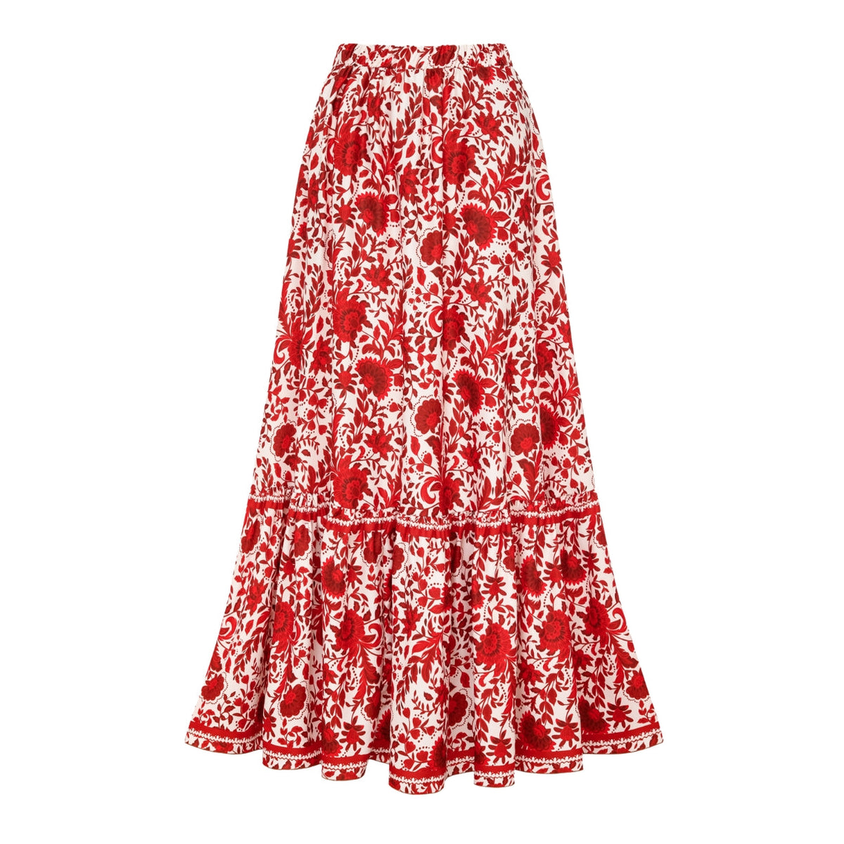 Traje de baño de una pieza con falda y estampado floral en rojo con volantes