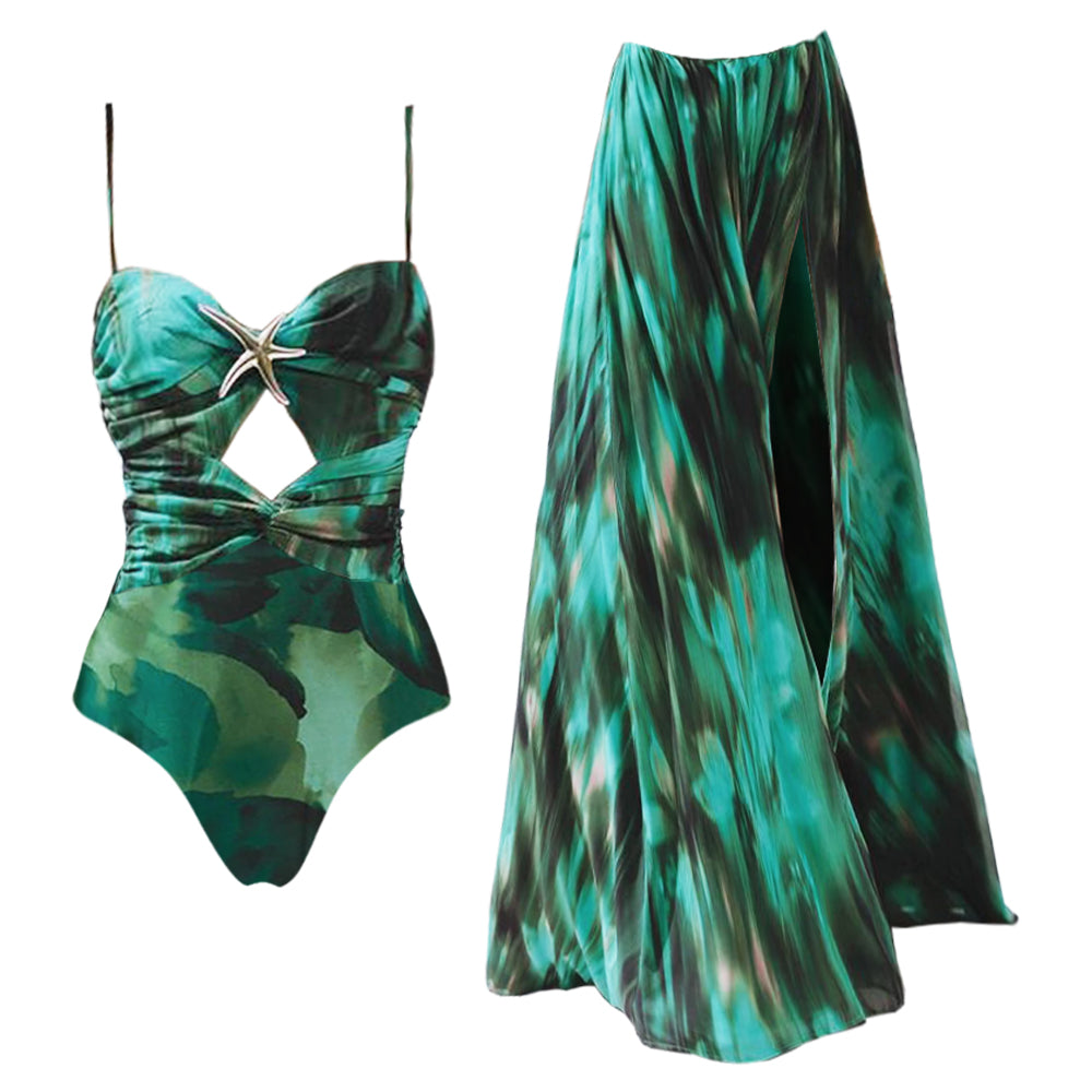 Traje de baño de una pieza con falda y diseño en verde