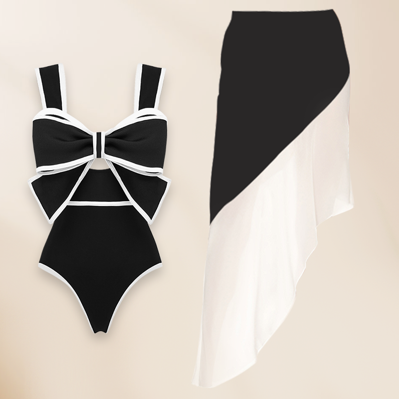 Traje de Baño de Una Pieza con Falda y Lazo en Blanco y Negro