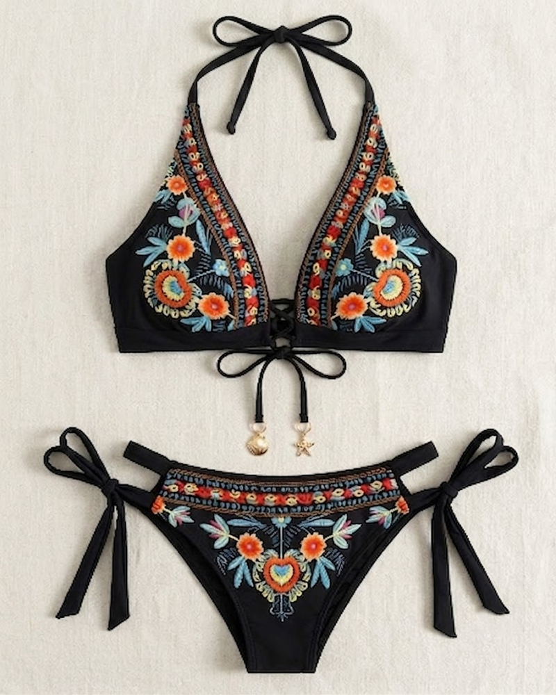 Conjunto de Bikini Femenino con Estampado Floral Étnico