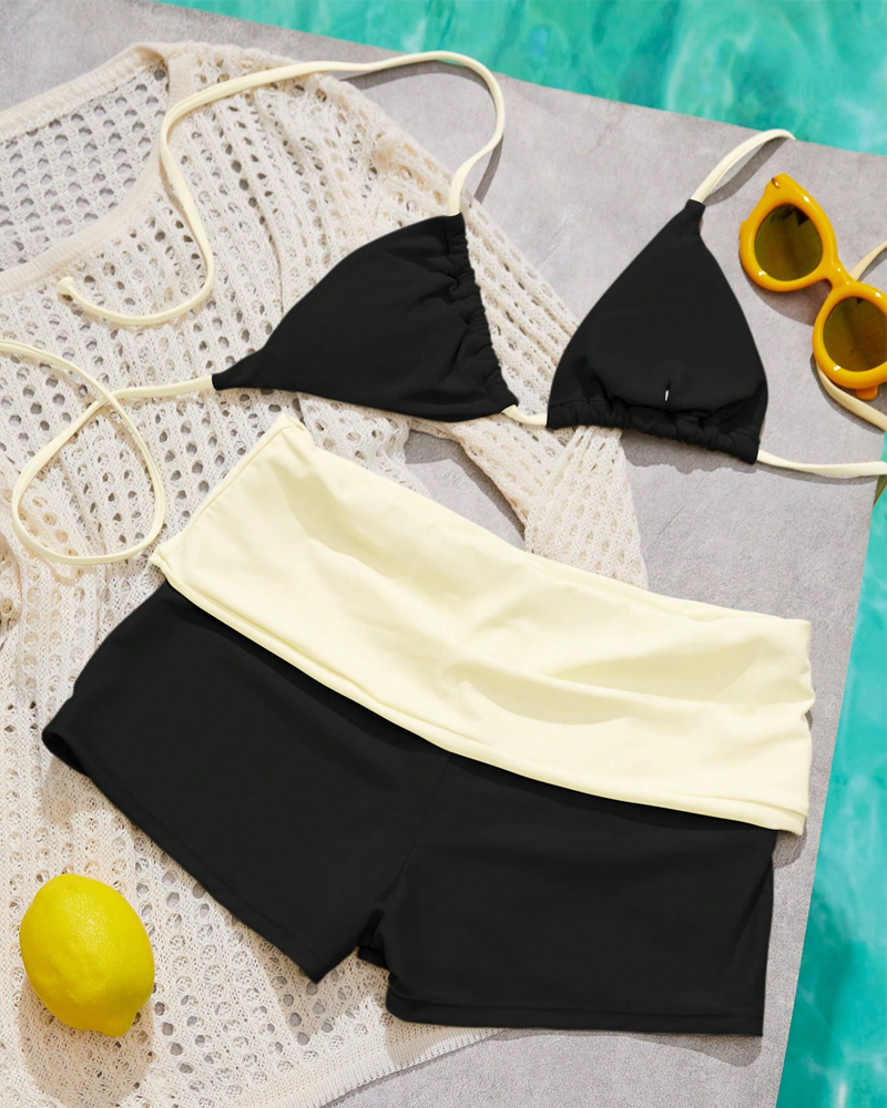 Conjunto de bikini de dos piezas con cuello halter en color sólido para mujer