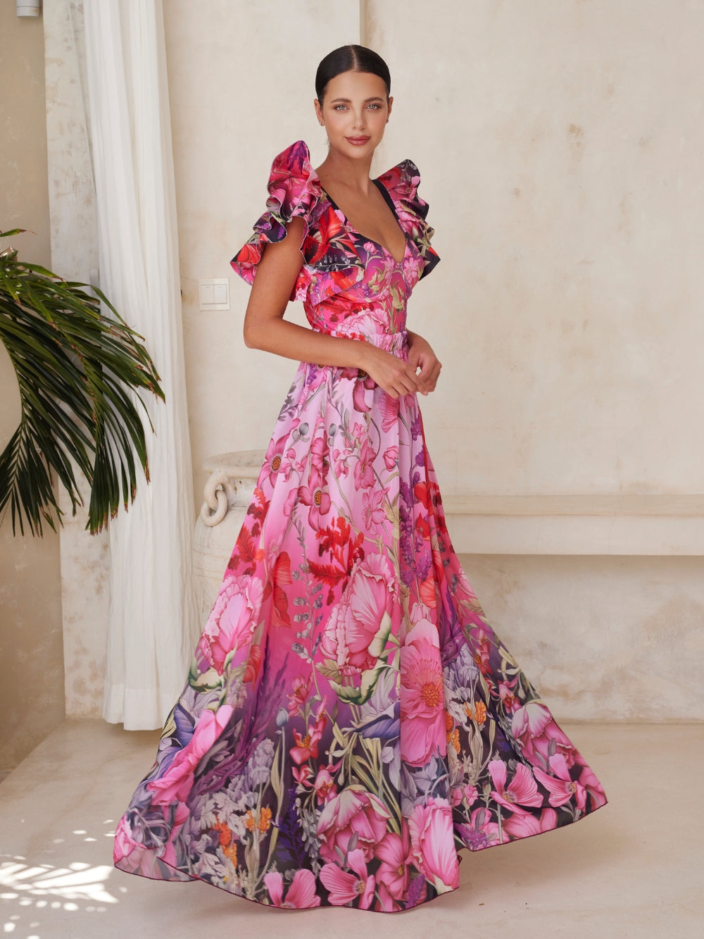 Traje de Baño de Una Pieza con Estampado Floral Arrugado y Sarong