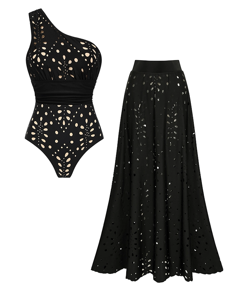 Conjunto de bañador negro floral con corte láser y control abdominal de un solo hombro