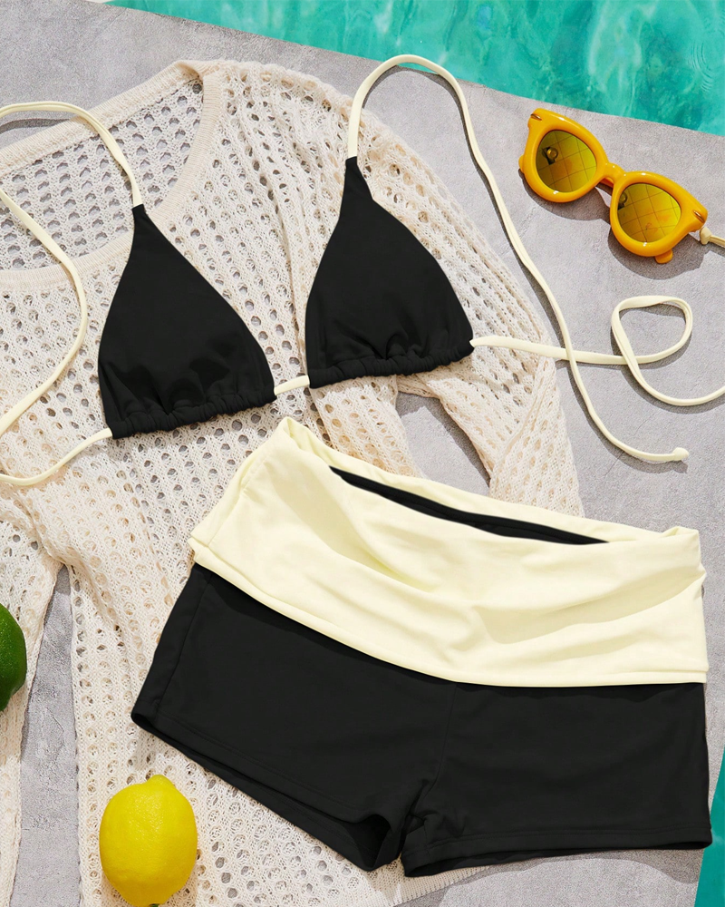Conjunto de bikini de dos piezas con cuello halter en color sólido para mujer