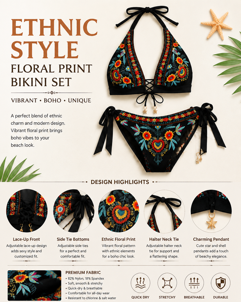 Conjunto de Bikini Femenino con Estampado Floral Étnico