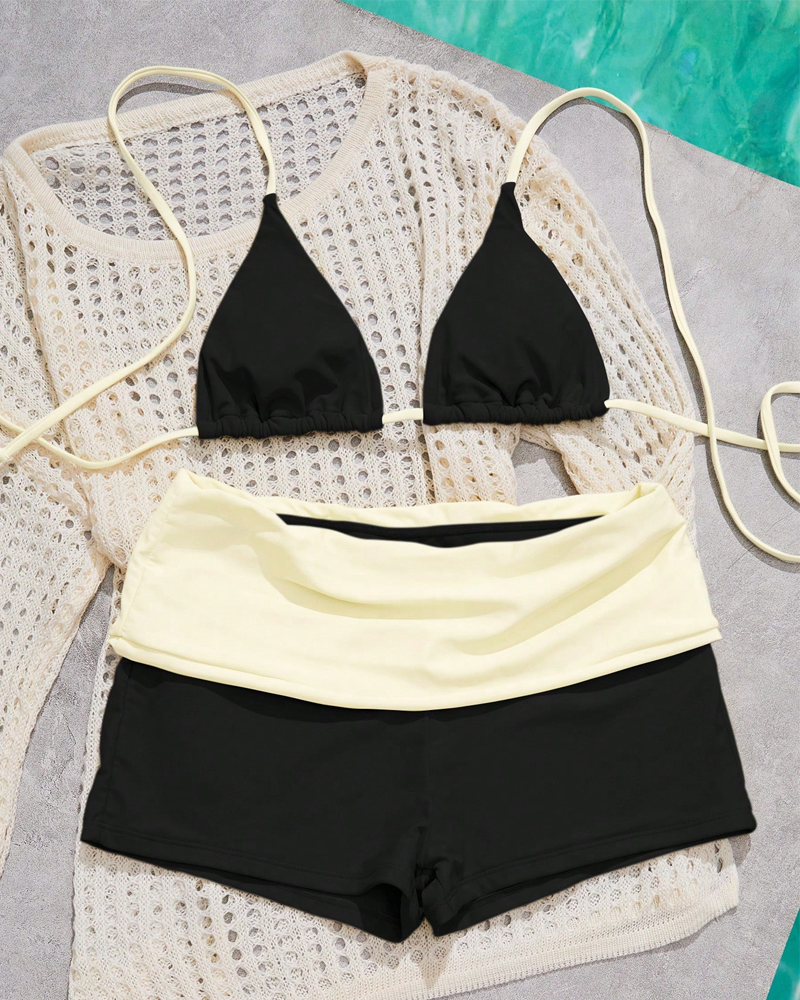 Conjunto de bikini de dos piezas con cuello halter en color sólido para mujer