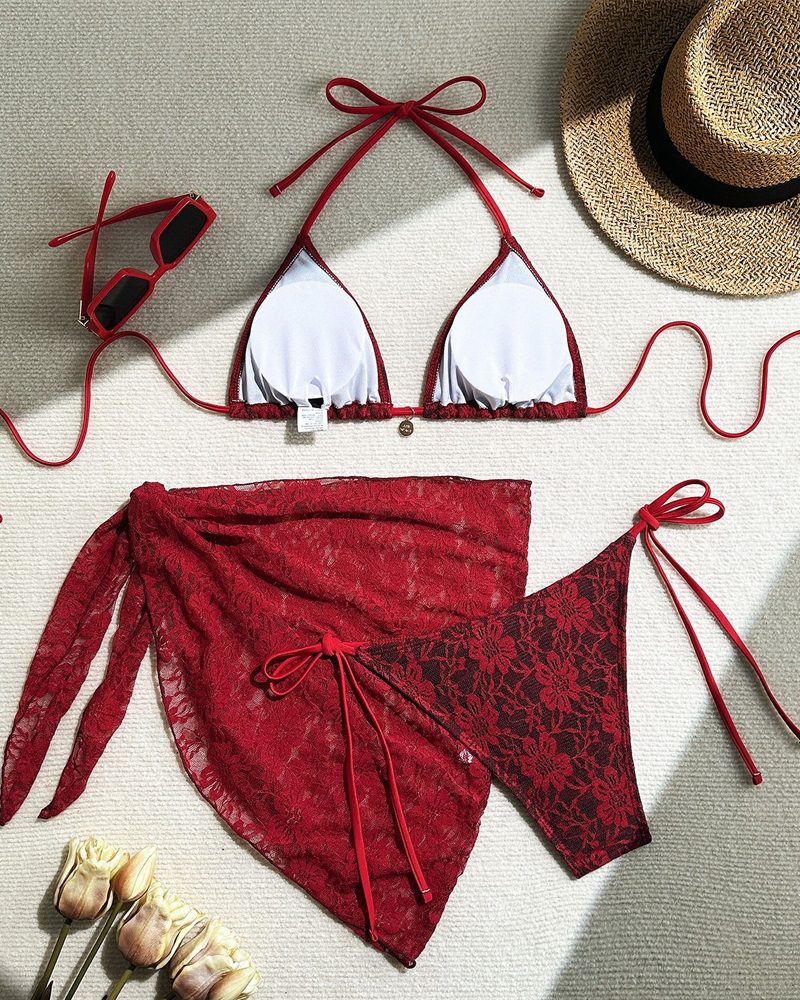 Conjunto de Bikini de Encaje Seductor con Falda de Tela de Malla
