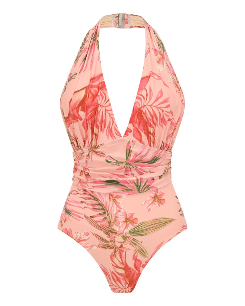 Conjunto de Baño Sexy con Estampado de Lirio Rosa