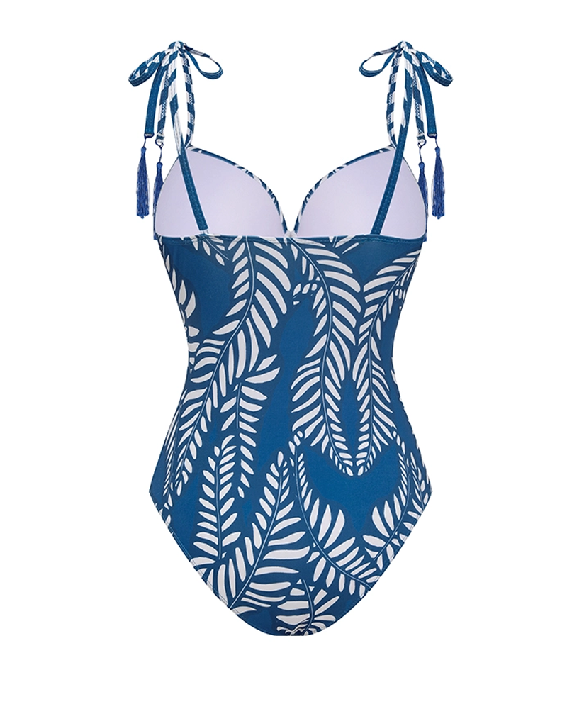 Conjunto de Baño con Estampado de Hojas y Borlas Azules