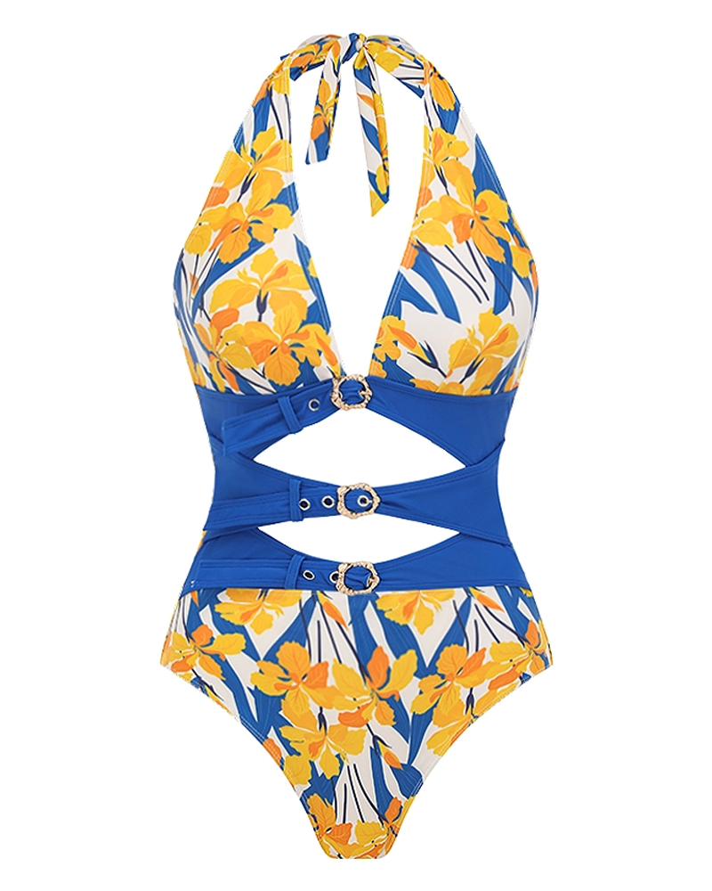 Conjunto de bikini con detalles de recortes y estampado de iris