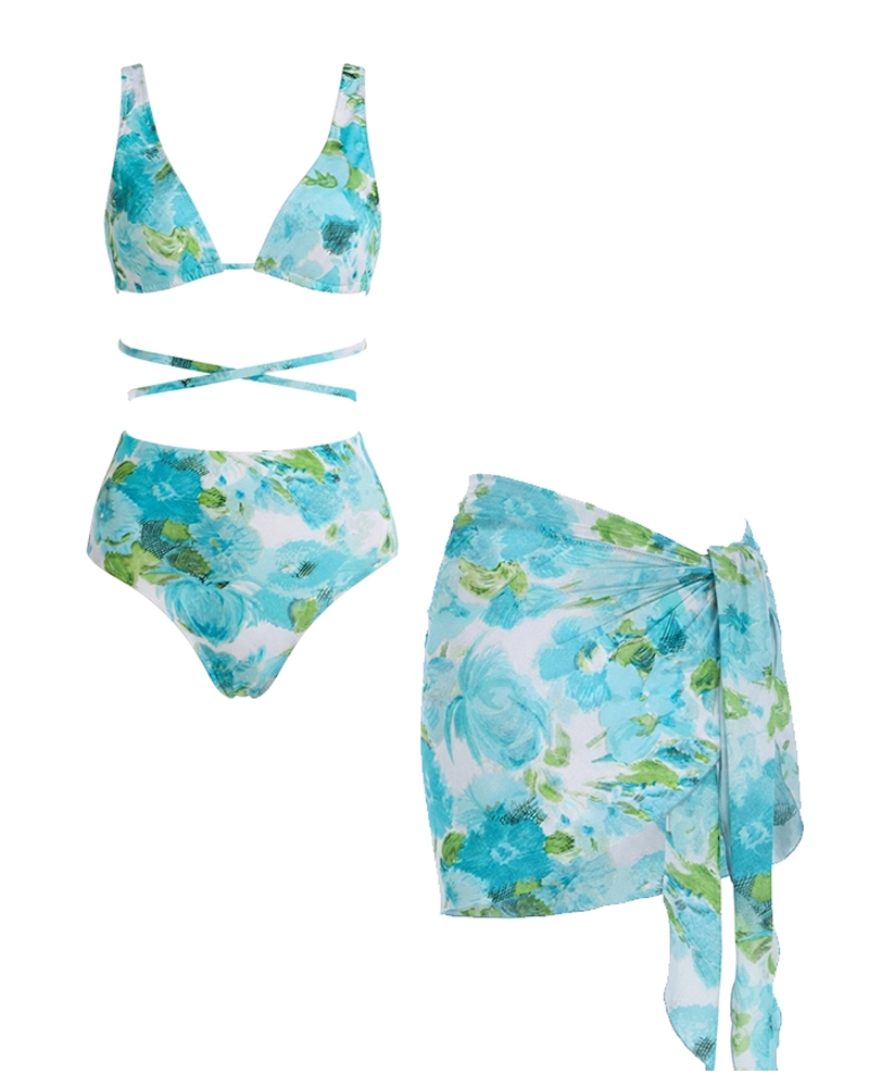 Conjunto de Bañador Abstracto en Tonos Azules con Diseño Floral