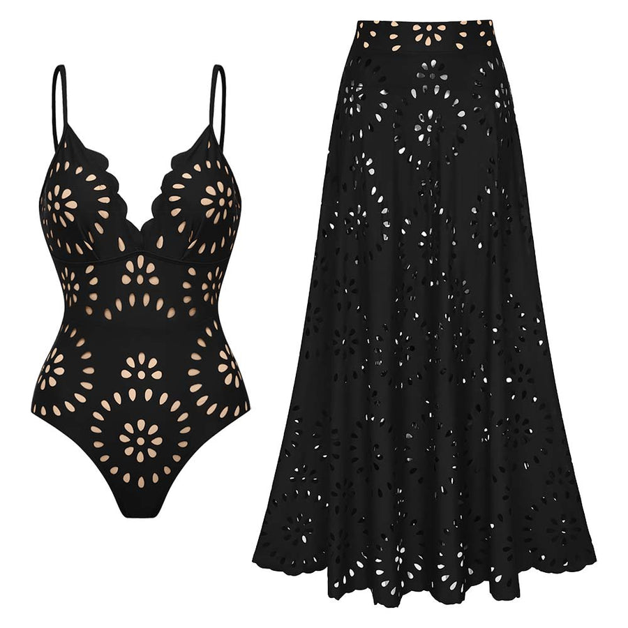 Conjunto de Baño Negro de Una Pieza con Falda de Corte Láser