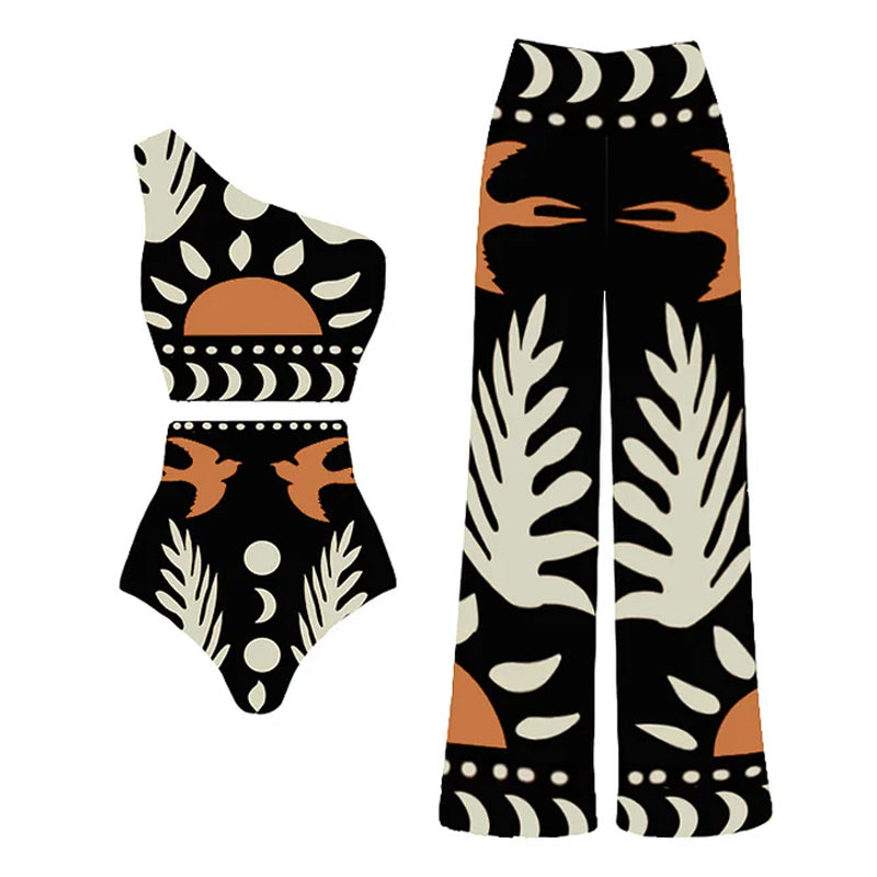 Bikini de un solo hombro con pantalones o falda de cintura alta