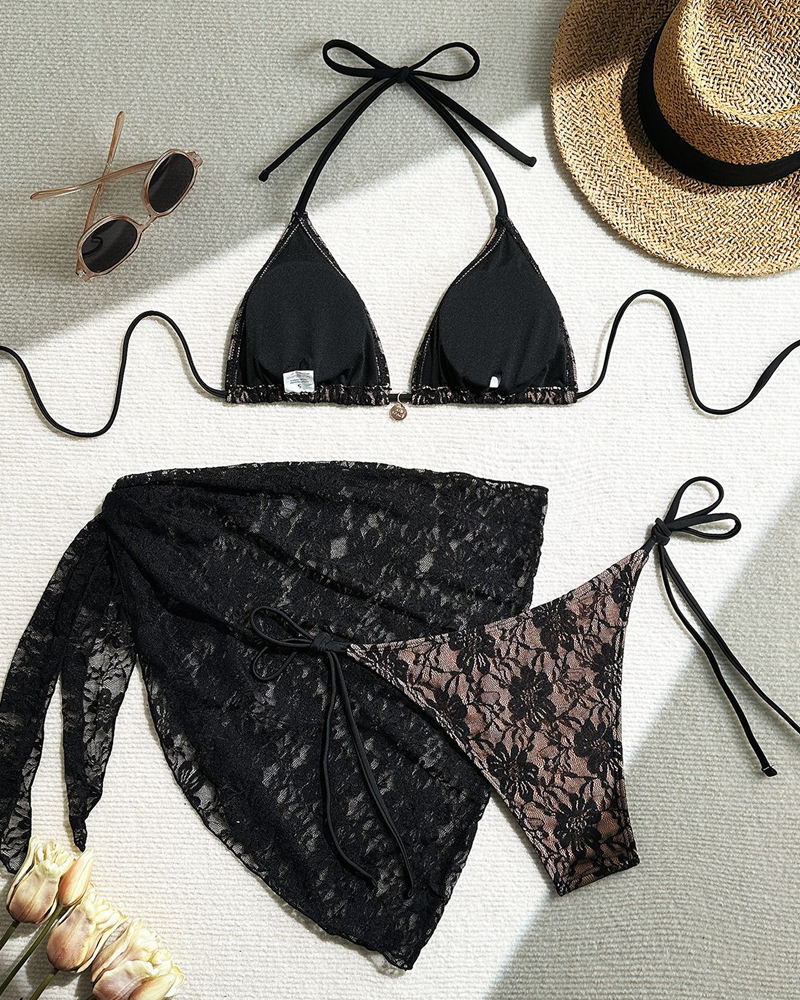 Conjunto de Bikini de Encaje Seductor con Falda de Tela de Malla