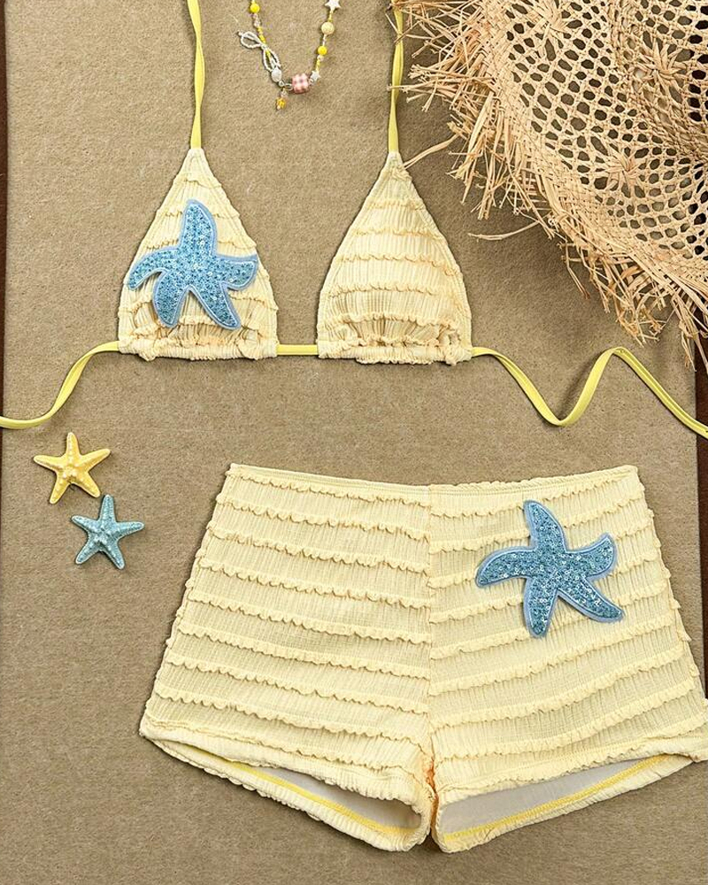 Conjunto de Bikini de Dos Piezas con Bordado de Estrella de Mar y Diseño Halter